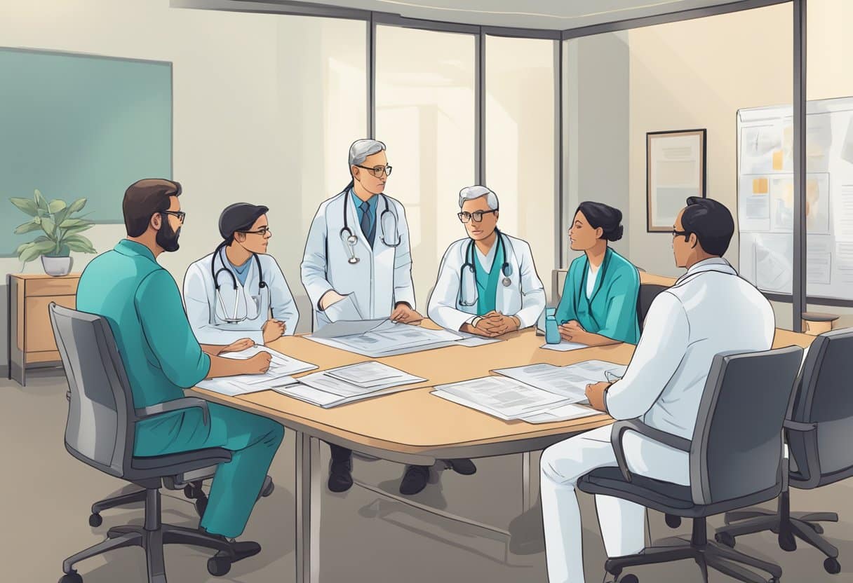 A group of doctors gathered around a conference table, discussing mesothelioma treatment options. Medical charts and x-rays are spread out on the table