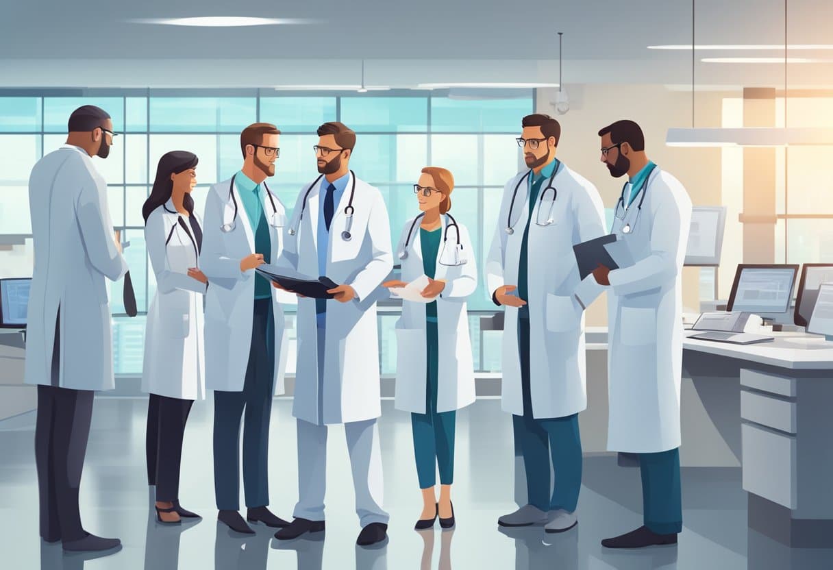 A group of doctors in white lab coats standing together in a modern medical facility, discussing and reviewing patient files